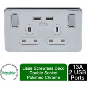 Image of Schneider Electric Lisse Screwless Deco - Switched Double Power Socket, Single Pole with USB Charging Ports, 13A, GGBL30202USBAWPCS, Polished Chrome w