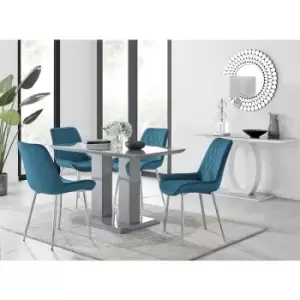 Image of Furniturebox UK - Furniturebox Imperia 4 High Gloss Grey Modern Dining Table and 4 Blue Pesaro Velvet Dining Chairs With Silver Legs Diamond