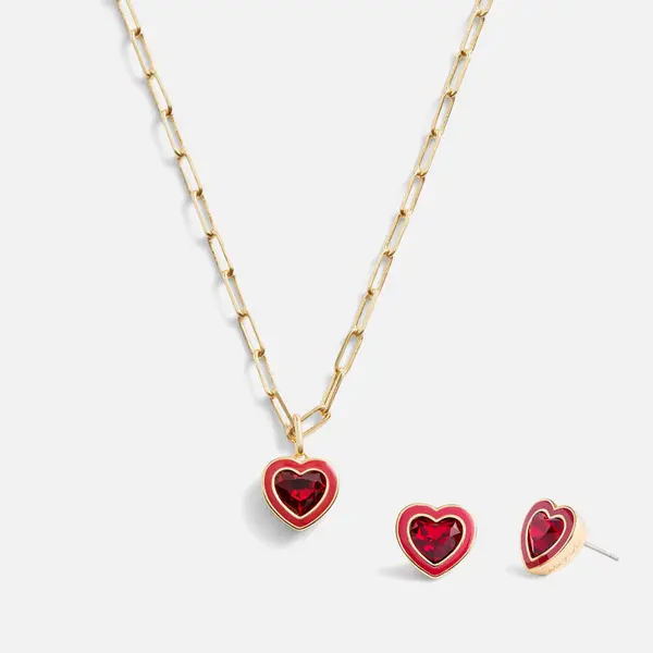Image of Coach Enamel Heart Gold-Tone Necklace and Earring Boxed Set