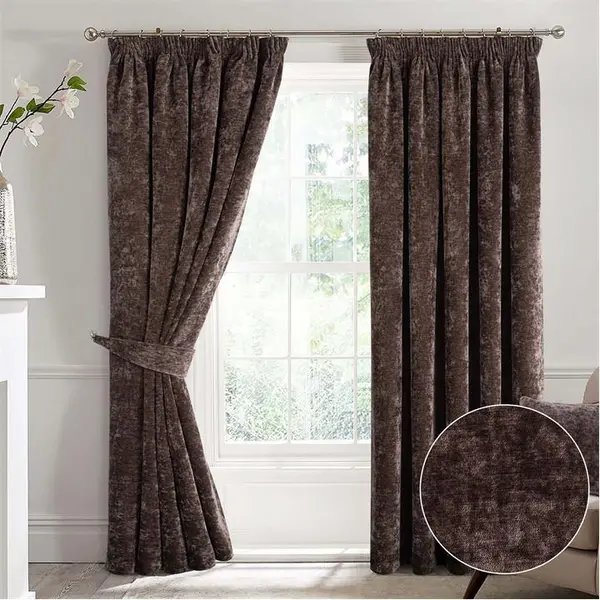 Image of Home Curtains Camden Heavyweight Chenille Pencil Pleat Curtains - Brown 45x54