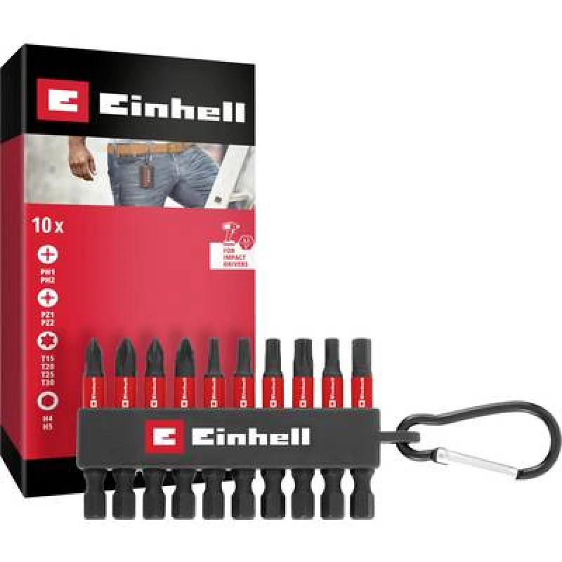 Image of Einhell 10 Piece Impact Screwdriver Bit Set on Snap Hook Carabiner 49118633
