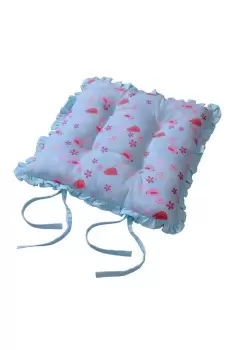 Image of Reversible Blue Frilled Cushion Seat Pad with Ties Birds & Flowers