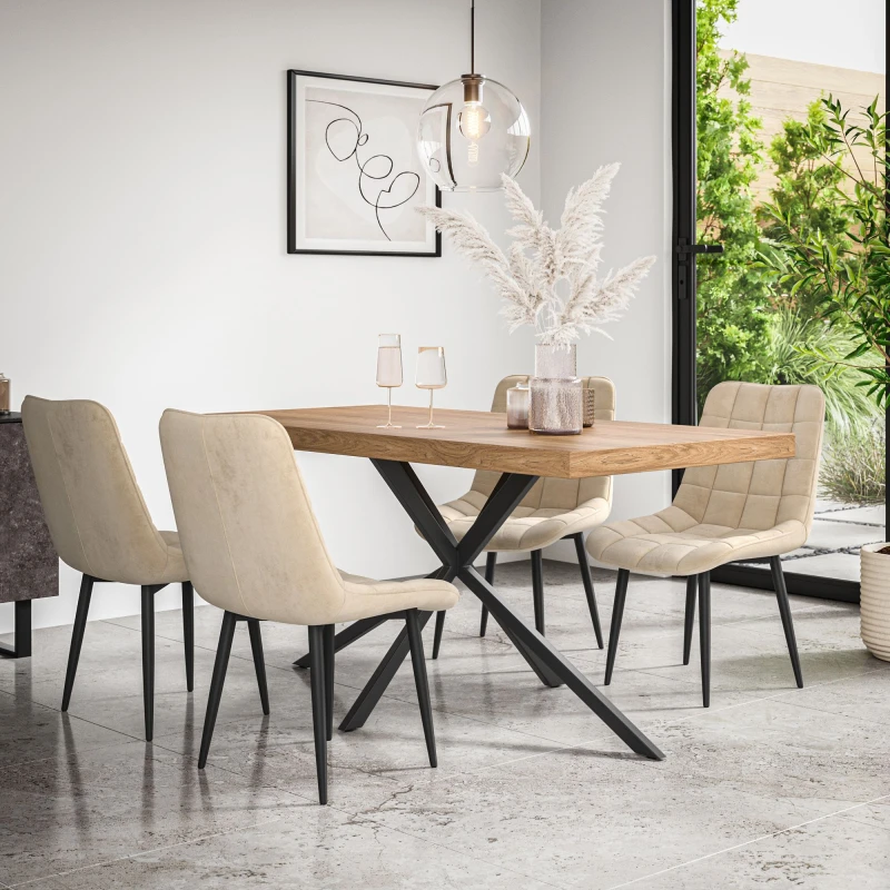 Image of More4Homes Donni Dining Table And Chairs - Oak Effect Table Top W Black Legs + Nova Velvet Dining Chair Set Of 6 (Beige)