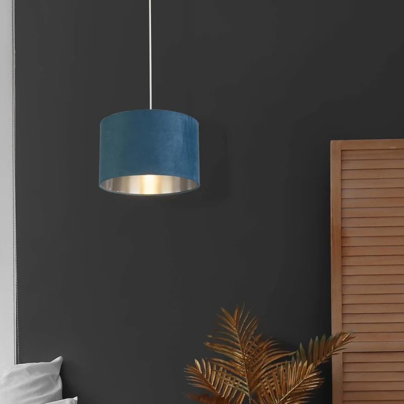 Image of Lighting Collection TEAL VELVET DRUM SHADE & SILVER INNER (D27cm) Teal unisex One Size