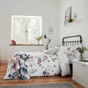 Image of Joules Woodland Floral 100% Cotton Duvet Cover and Pillowcase Set White, Blue and Pink