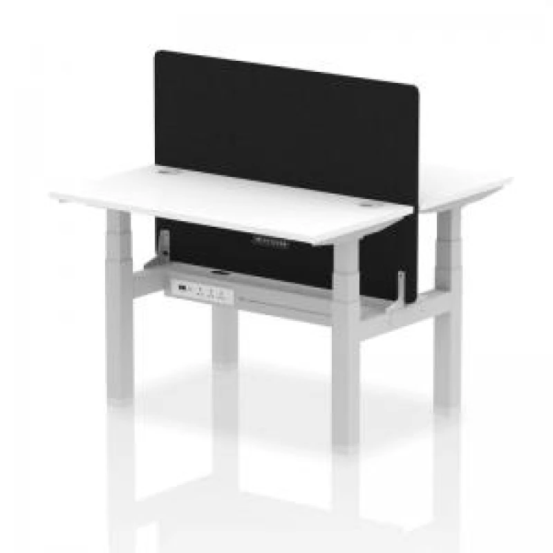 Image of Air Back - to - Back 1200 x 600mm Height Adjustable 2 Person Bench Office Desk White Top - Cable Ports Silver Frame - Black Straight Screen