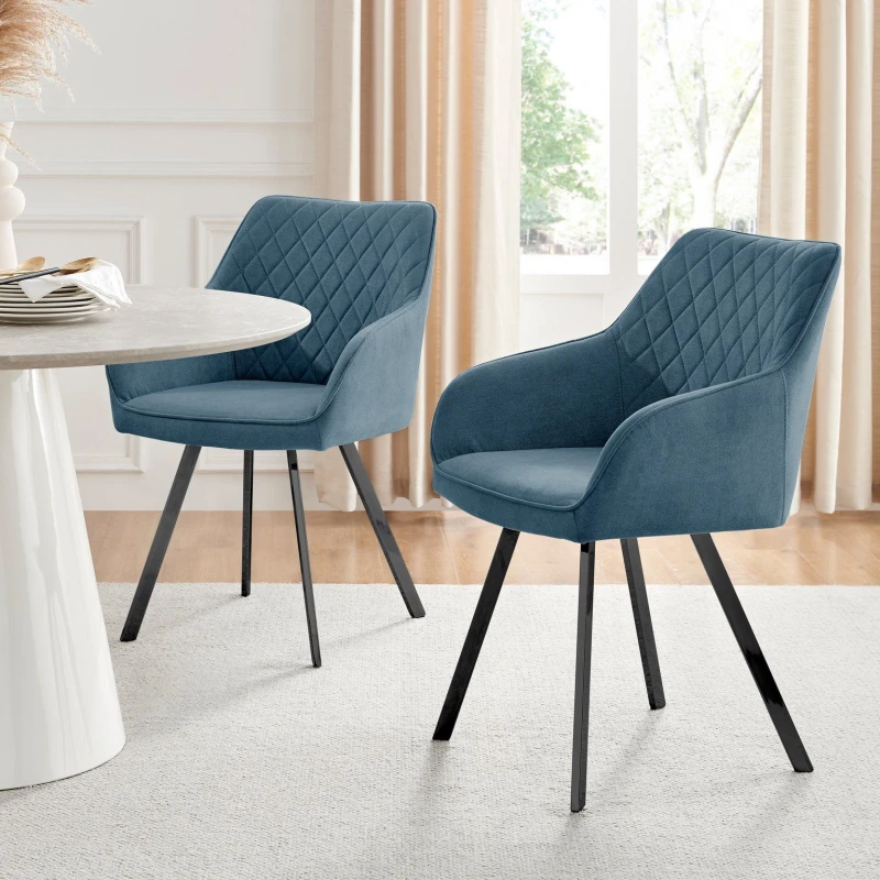 Image of FurnitureboxUK FurnitureboxUK Set of 2 Falun Deep Padded Dining Chairs Upholstered in Soft & Durable Fabric With Black Legs in Blue Blue One Size Unis