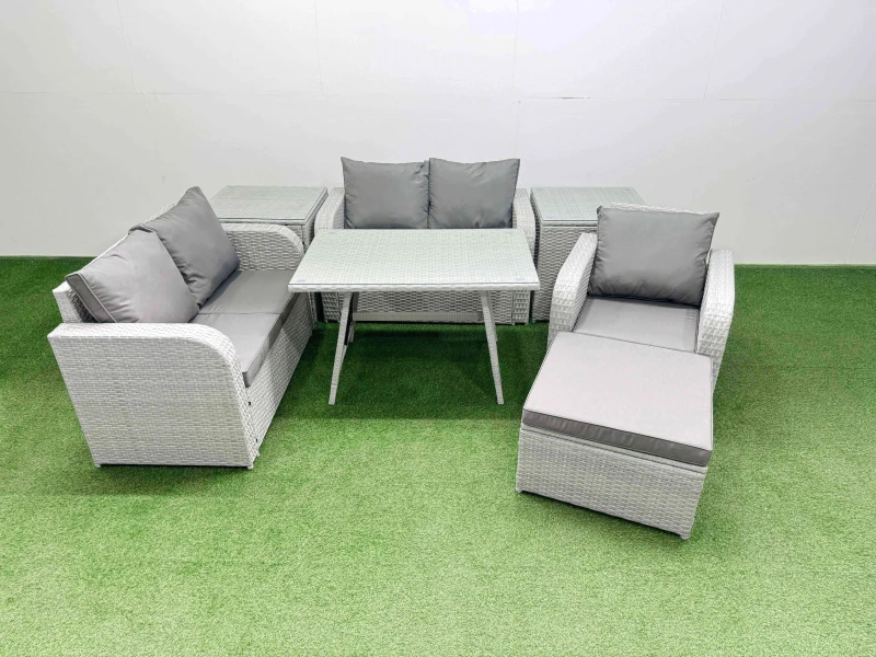 Image of Fimous 6 Seater Rattan Garden Furniture Set Love Sofa Reclining Chair Set in Light Grey Light Grey Unisex