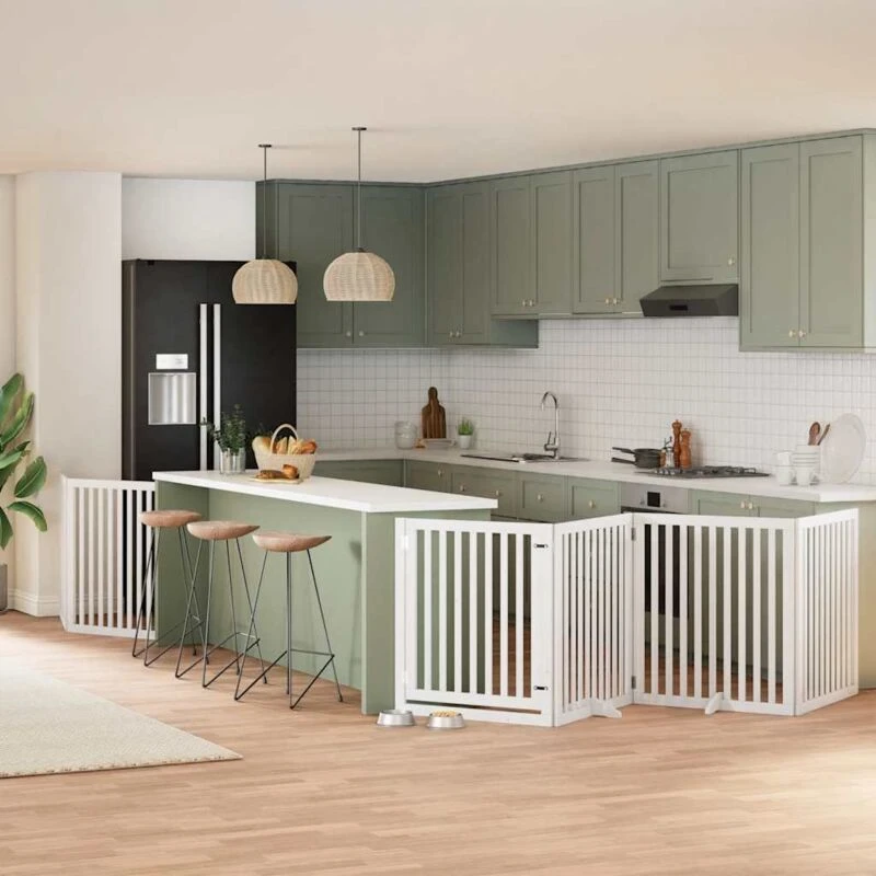 Image of vidaXL Dog Gate with Door Foldable 8 Panels White 640cm Poplar Wood, White 3155678