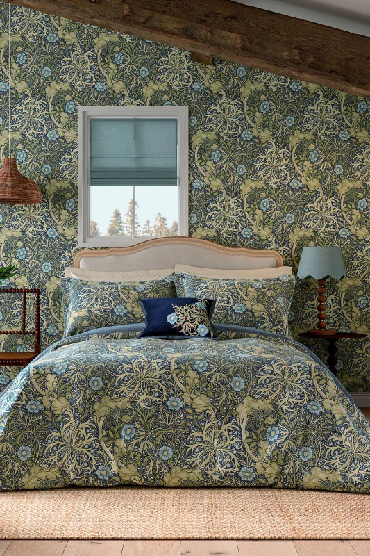 Image of Morris & Co 'Seaweed' Cotton Duvet Cover Set Dark Blue