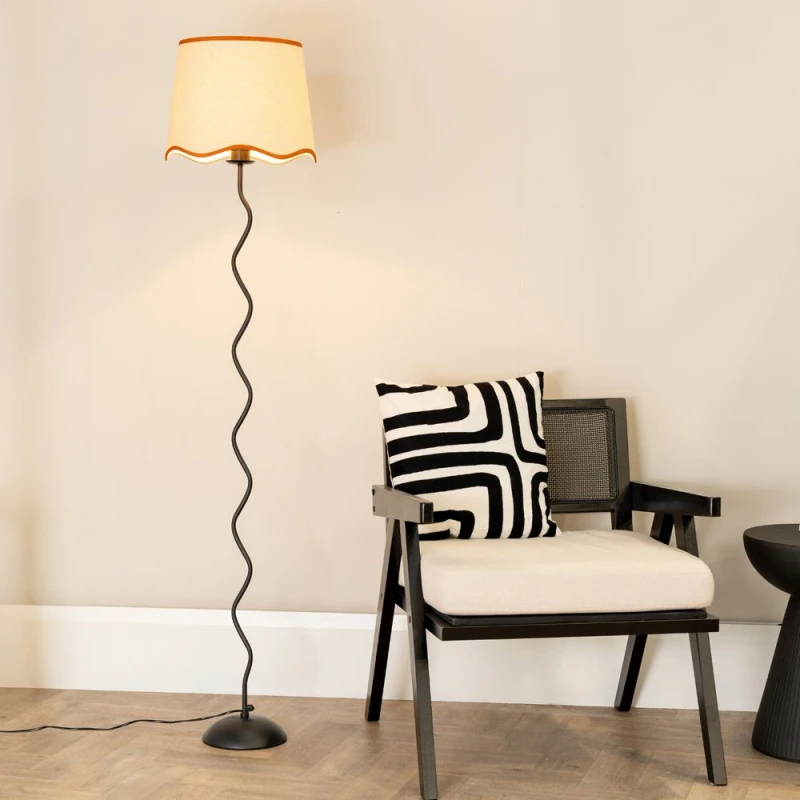 Image of ValueLights Wiggle Black Metal Stem Floor Lamp with Linen Scallop Trim Tapered Lamp Shade Burnt Orange