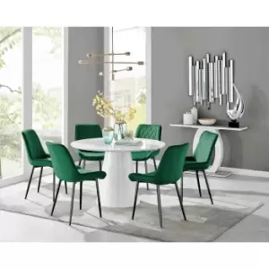 Image of Furniture Box Palma White High Gloss Round Dining Table and 6 Green Pesaro Black Leg Chairs