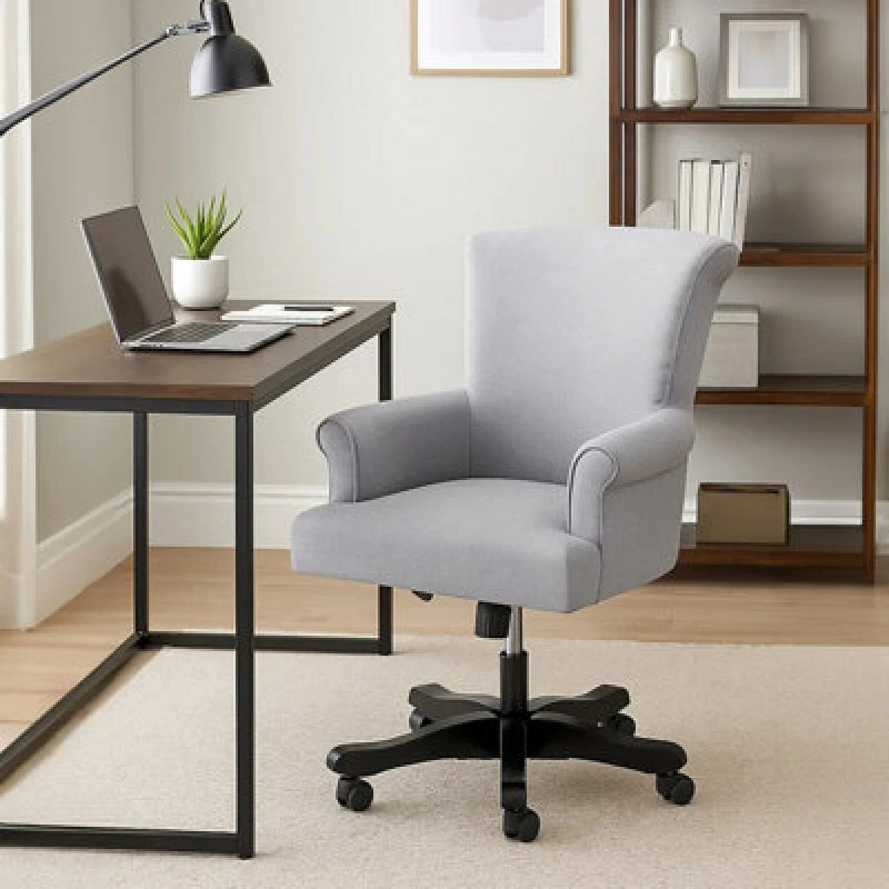 Image of Orsina Grey Home Office Chair, Scroll Arm Grey Fabric Swivel Seat, Height Adjustable Task Chair With Wooden Base
