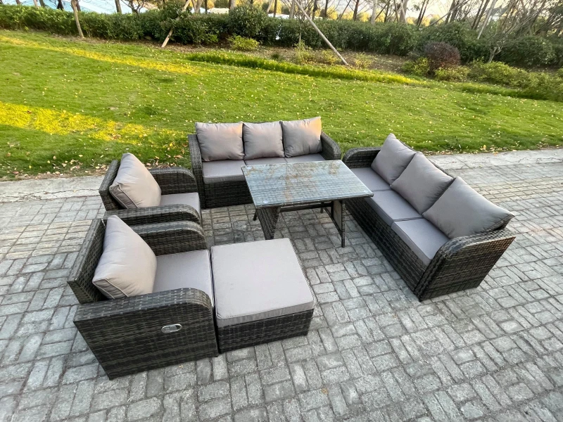Image of Fimous 9 Seater Rattan Outdoor Garden Furniture Sofa Set Patio Table & Chairs Set with 3 Seater Sofa Rectangular Dining Table Dark Grey