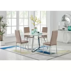 Image of Santorini White Wood Contemporary Round Dining Table And 4 Cappuccino Grey Milan Chairs - Cappuccino
