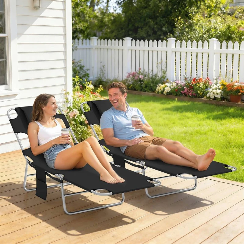 Image of OUTSUNNY Sun Lounger with Reading Hole, Folding Garden Lounger in Black Unisex
