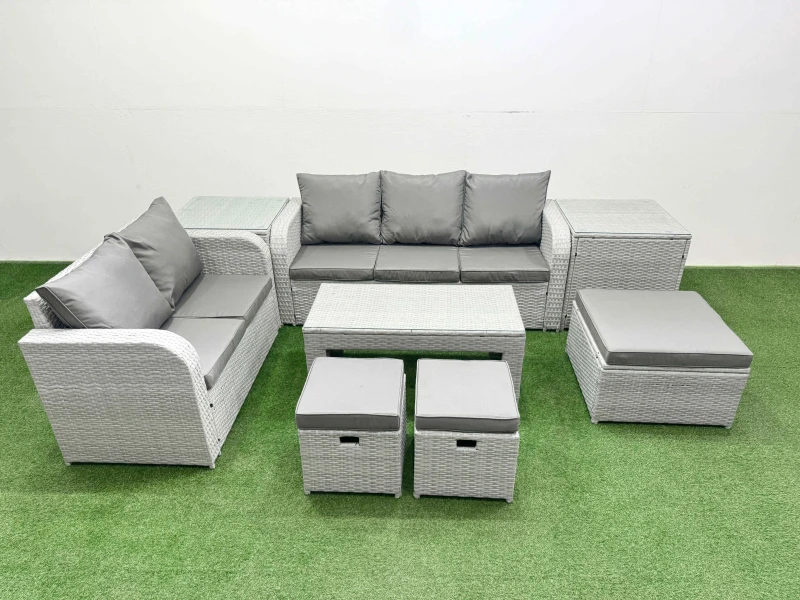 Image of Fimous 8 Seater PE Rattan Wicker Garden Furniture Patio Conservatory Sofa Set with Oblong Coffee Table 3 Seater Sofa Love Sofa 3 Stool 2 Side Table Li