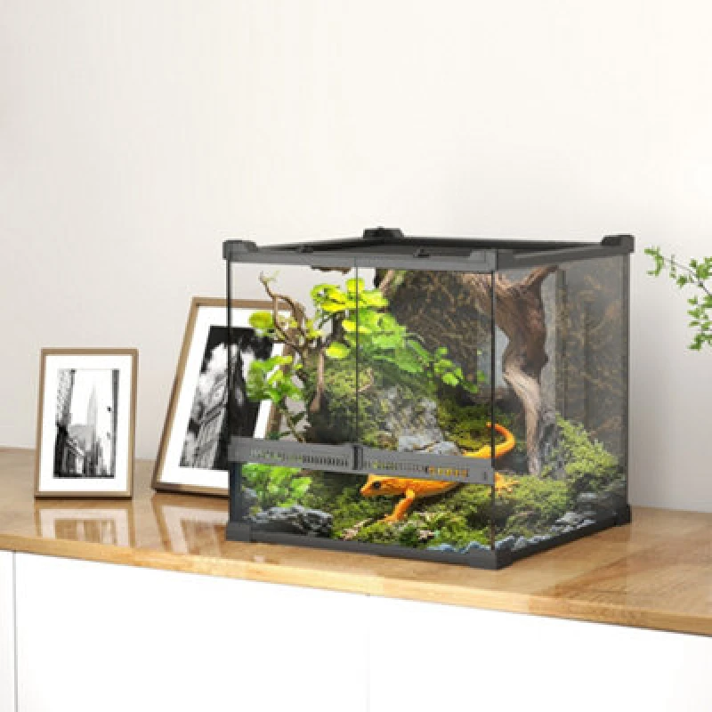 Image of PawHut 24L Glass Terrarium, Reptile Vivarium with Stone Background, Black D40-052V11BK
