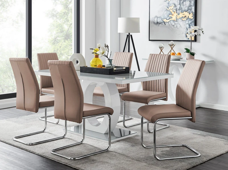 Image of FurnitureboxUK FurnitureboxUK Giovani 6-Seater Grey Glass Dining Table and 6 Lorenzo Faux Leather Dining Chairs in Beige Beige One Size Unisex 5056542