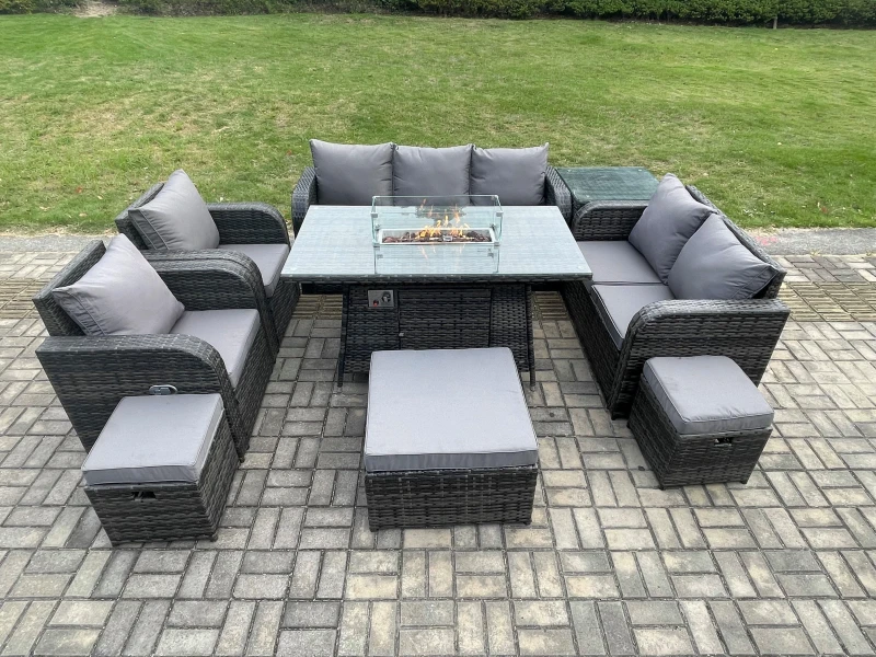 Image of Fimous 10 Seater PE Wicker Outdoor Rattan Garden Furniture Set Propane Gas Fire Pit Table and Sofa Chair set with 3 Footstools Side Table Dark Grey