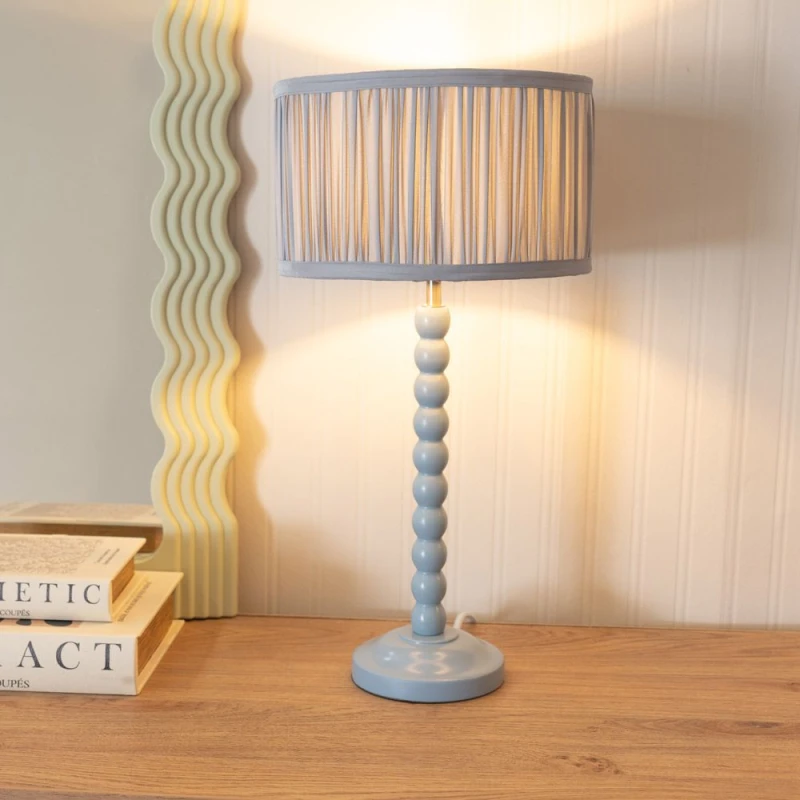 Image of ValueLights Bobbins Powder Blue Table Lamp with Ruched Pleated Drum Lamp Shade Baby Blue