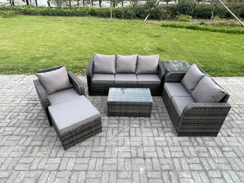 Image of Fimous Patio Garden Furniture Sets Wicker 7 Seater Outdoor Rattan Furniture Sofa Sets with Rectangular Coffee Table Reclining Chair Dark Grey unisex