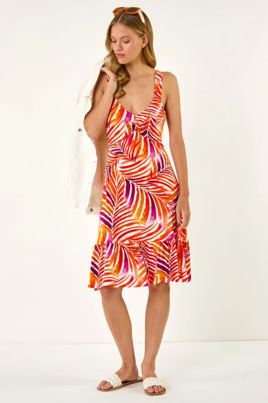 Image of Roman Womens Abstract Print V-Neck Frill Dress in Red Size: 16 Red Female 16