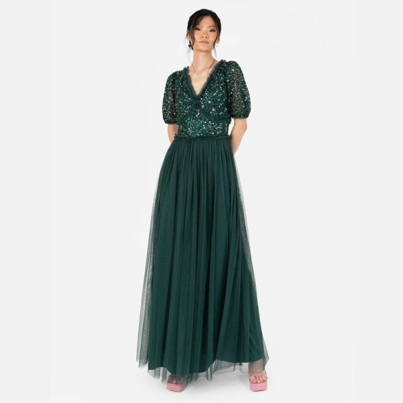 Image of Maya Deluxe Maya Emerald Green Short Sleeve Embellished Maxi Dress Emerald female 8 (XS)