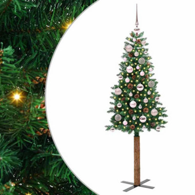 Image of vidaXL Slim Christmas Tree with Pink Balls Green 150cm PVC and Solid Pine wood, Green 3394853