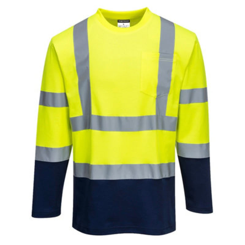 Image of Portwest Hi Vis Cotton Comfort Contrast Long Sleeve T Shirt S280YNRM Colour: Yellow / Navy
