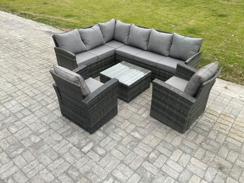 Image of Fimous 8 Seater Outdoor Garden Furniture Set Wicker PE Rattan Corner Sofa Set with Square Coffee Table 2 Armchairs Dark Grey Mixed Dark Grey Unisex
