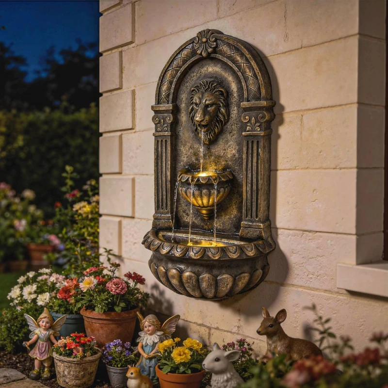 Image of OUTSUNNY Wall-Mounted Water Fountain, Garden Water Feature with LED Lights in Brown Brown Unisex