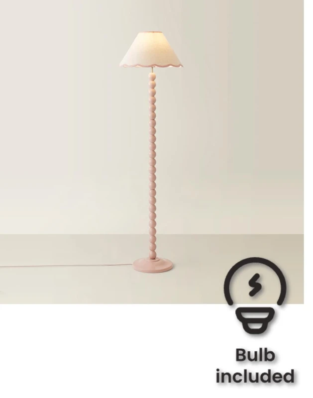 Image of ValueLights Bobbins Rose Pink Floor Lamp with Tapered Linen Scallop Shade and LED Bulb Pink