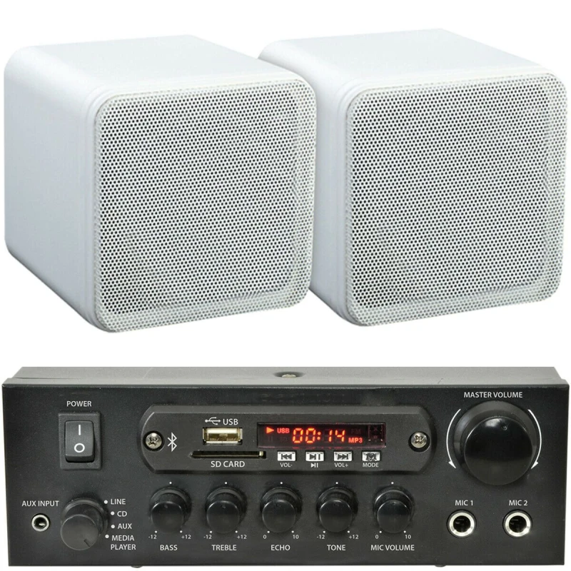 Image of Loops 110W Bluetooth Amplifier & 2x 80W White Shelf Speakers Compact Wireless HiFi Kit White unisex