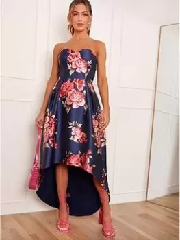 Image of Chi Chi London Strapless Floral Printed Dip Hem Dress - Navy, Size 12, Women