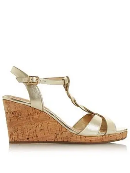 Image of Dune London Koala Gold Plait T-Bar Strap Cork Wedge Heel Gold VRHER Female 3,4,5,7