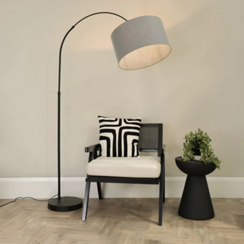 Image of ValueLights Louis Black Arched Curved Floor Lamp with Fabric Drum Lamp Shade and LED Bulb Grey