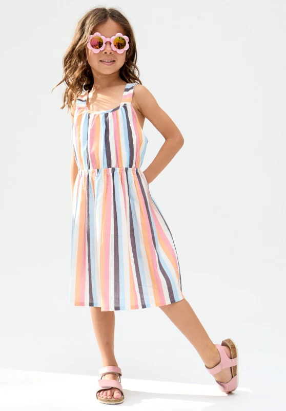 Image of Raffya Girl's Kris Cross Back Stripe Print Dress In Multi in Blue Size: 4 Years Blue Female 4 Years