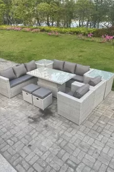 Image of Fimous 8 Seater Outdoor Light Grey Rattan Lounge Complete Sofa Set with Adjustable Table, Side Table and 2 Stool