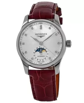 Image of Longines Master Collection Automatic 34mm Mother of Pearl Diamond Dial Leather Strap Womens Watch L2.409.4.87.2 L2.409.4.87.2