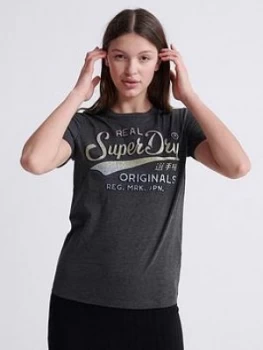 Image of Superdry Real Original Glitter Embossed T-Shirt - Dark Grey, Size 6, Women