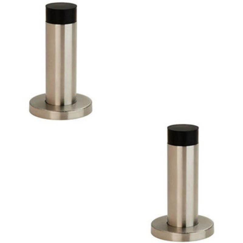 Image of Loops 2x Wall Mounted Doorstop Cylinder on Rose Rubber Tip 76 x 22mm Satin Steel Metallics