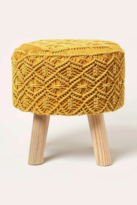 Image of Homescapes Willow Macrame Footstool Yellow