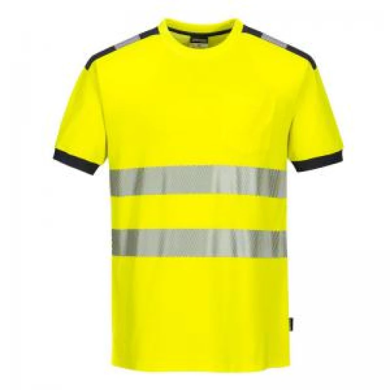 Image of Portwest PW3 Hi Vis Cotton Comfort Short Sleeve T Shirt T181YGYS Colour: Yellow / Grey