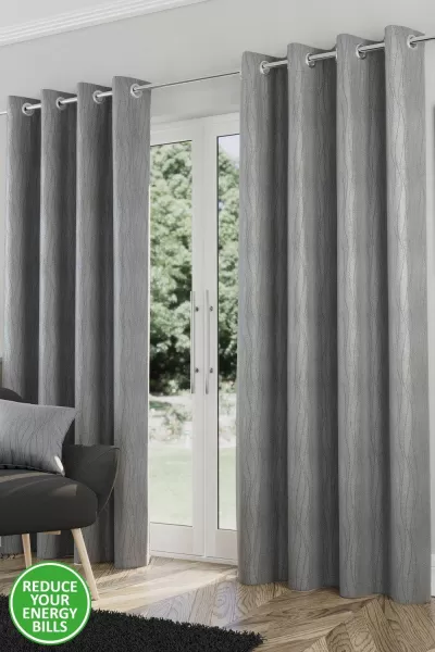 Image of Enhanced Living Goodwood Silver Thermal, Energy Saving, Dimout Eyelet Pair Of Curtains With Wave Pattern 90 X 72" (229X183Cm)