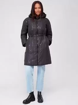 Image of Armani Exchange All Over Metallic Logo Padded Coat - Black Size M Women