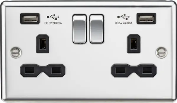 Image of KnightsBridge 13A 2G switched socket with dual USB charger A + A (2.4A), Polished chrome with Black insert