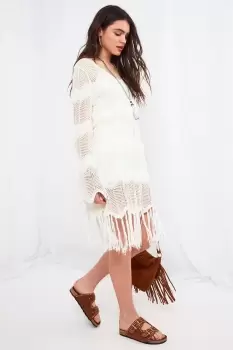 Image of Tassel Hem V Neck Long Sleeve Beach Cover Up Dress