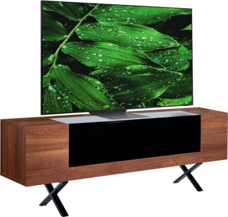 Image of CENTURION SUPPORTS Centurion Supports - adonis Walnut with Black Contrast Beam-Thru Remote Friendly Door 26'-55' Flat Screen tv Cabinet Adonis TV Cabi