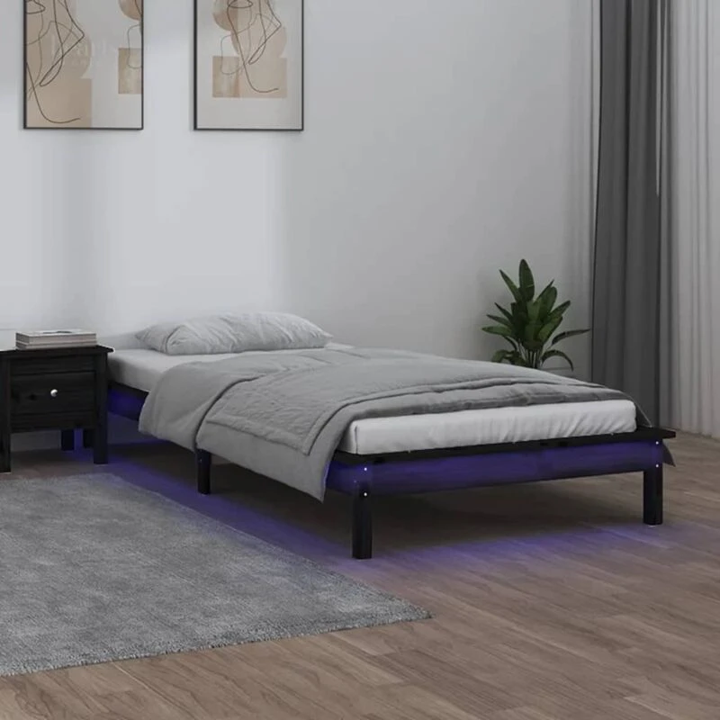 Image of vidaXL LED Bed Frame Black 90x190cm Single Solid Wood, Black 820640